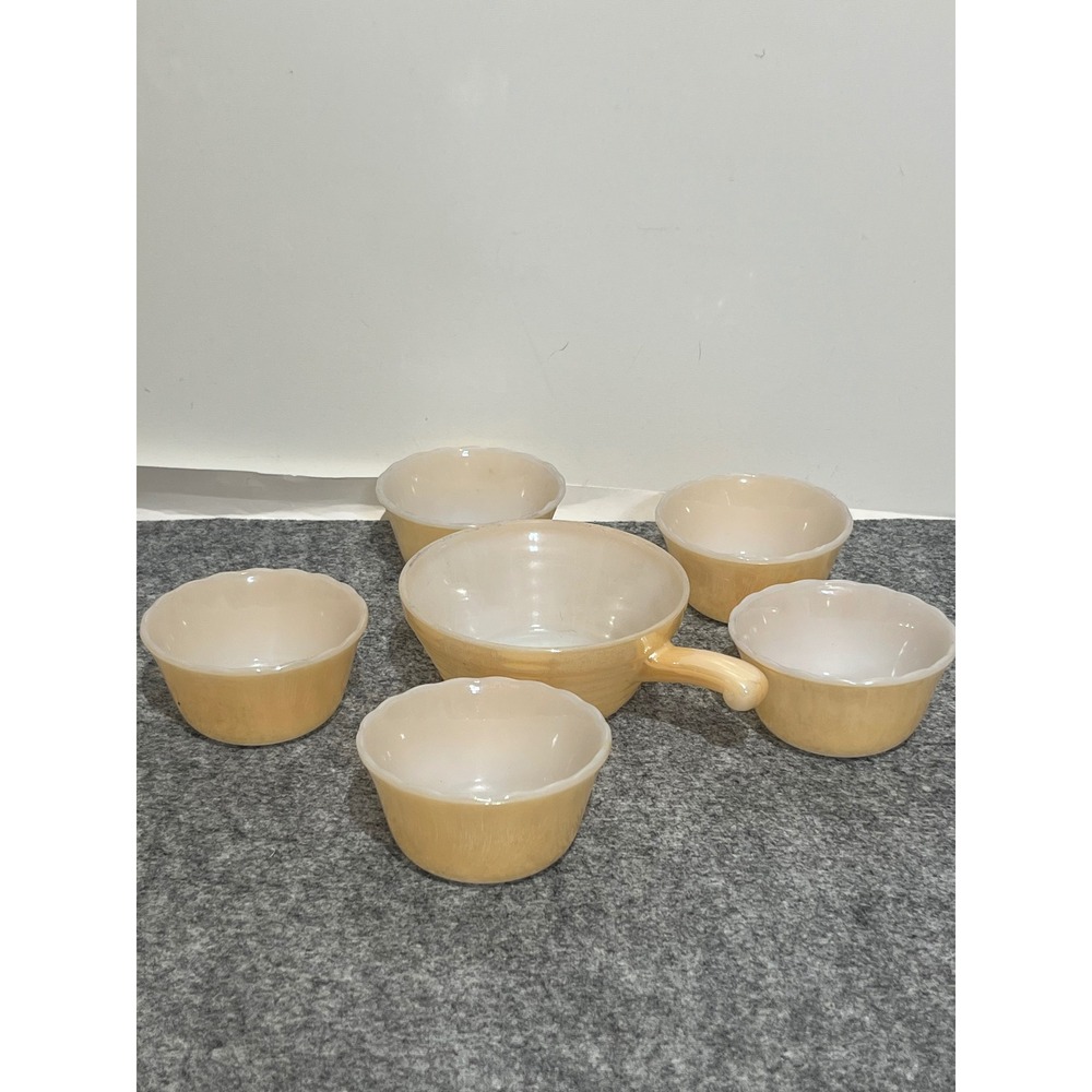 Fire-King Peach Lustre Milk Glass Set Handled Saucepan & 5 Scalloped Bowls USA
